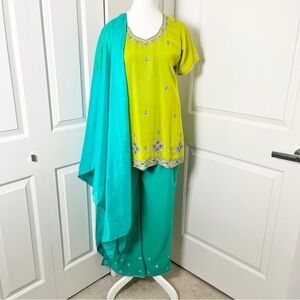 Lime Green & Aqua Indian Wedding Sari Set – 3-Piece Crystal Embellished Outfit